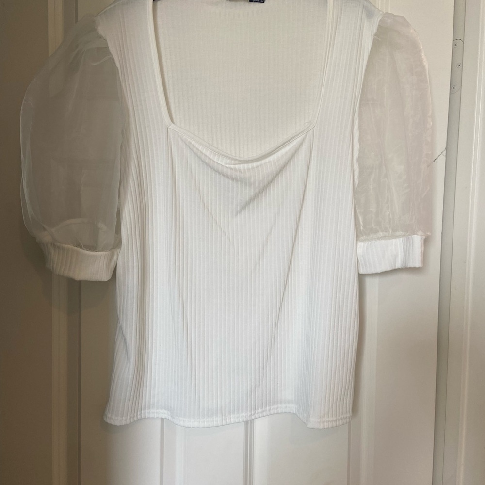 Boohoo Plus White Ribbed Top with Sheer Puff Sleeves